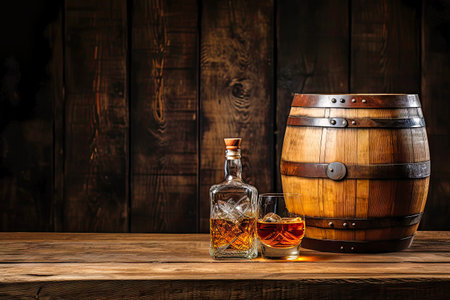Aged Whiskey and Glasses on an Oak Barrel in a Dimly Lit Distillery.の素材