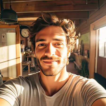 Close-Up Portrait Of A Bearded Man With Striking Blue Eyes And A Contemplative Expression.の素材