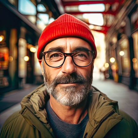 Close-Up Portrait Of A Bearded Man With Striking Blue Eyes And A Contemplative Expression.の素材
