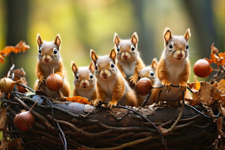 Crowd of Curious Red Squirrels Gathered on a Tree Branch in a Lush Forest.の素材