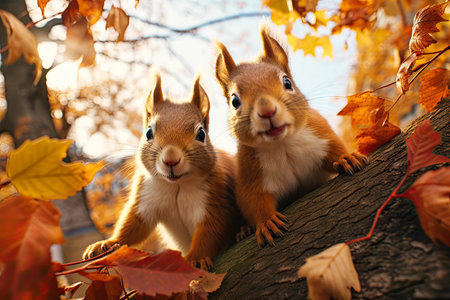 Crowd of Curious Red Squirrels Gathered on a Tree Branch in a Lush Forest.の素材