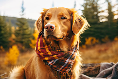 Golden Retriever Wearing a Plaid Scarf in Autumn Forest at Sunset.の素材