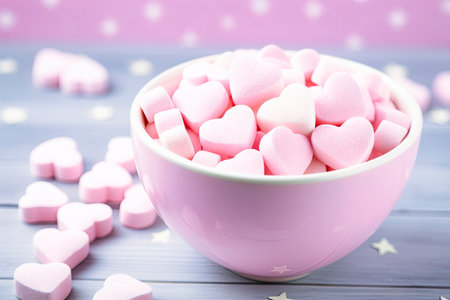 A heart-shaped bowl is filled with small pink and white hearts, creating a lovely and romantic display. The contrast between the colors enhances the visual appeal of the arrangementの素材