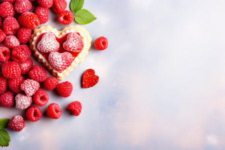 Fresh Raspberries in White Heart-Shaped Bowls on a Light Background.の素材