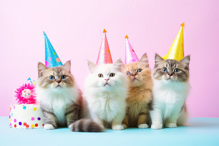 A Group of Cats Sitting Next to Each Other Wearing Party Hats.の素材