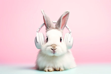Rabbit Wearing Headphones on a pastel background.の素材