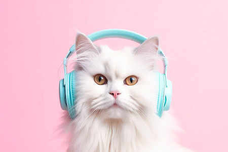 White Cat With Headphones On Its Ears.の素材