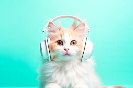 White Cat With Headphones On Its Ears.の素材