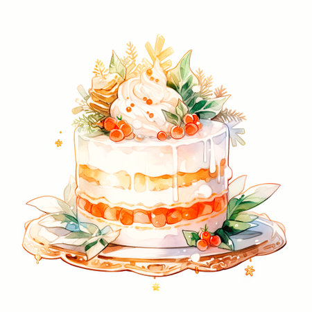 A Watercolor Drawing of a Cake on a Plate.の素材