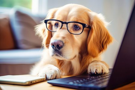 Dog Wearing Glasses Sitting in Front of Laptop.の素材