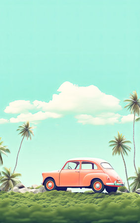 a car parked with luggage securely secured, ready for a trip or vacation.の素材