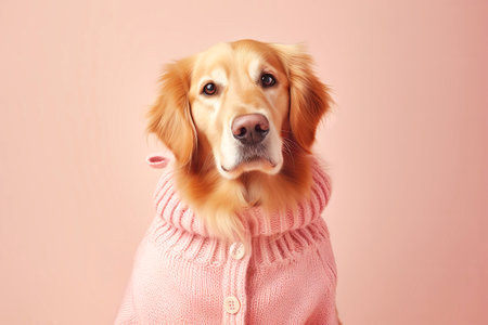Dog Wearing Pink Sweater Sitting on Pink Background.の素材