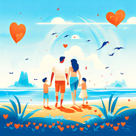 Happy family at beach for vacation with heart feeling.の素材