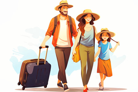 Happy family go to travel in flat style cartoon.の素材