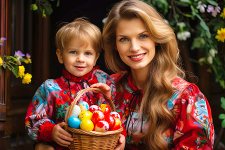 Woman and Little Girl Sitting in Pile of Eggs.の素材