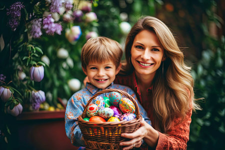 Woman and Little Girl Sitting in Pile of Eggs.の素材