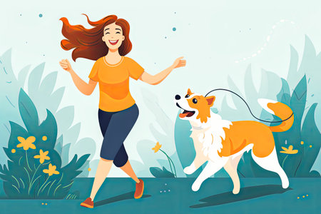 Happy woman and dog feeling happy in flat style.の素材