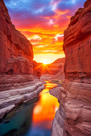 The Sun Sets Over a River in a Canyon.の素材