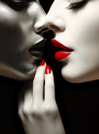 A woman with red lipstick and a woman with black lipstick on her lips.の素材