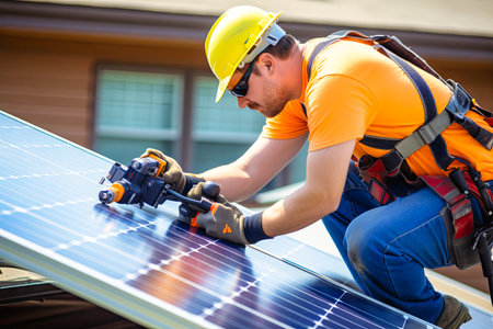 Man Working on Solar Panel Installation.の素材