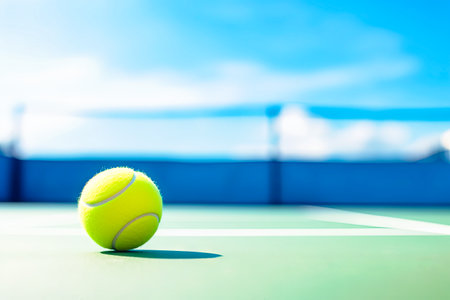 Tennis Ball Resting on Tennis Court.の素材