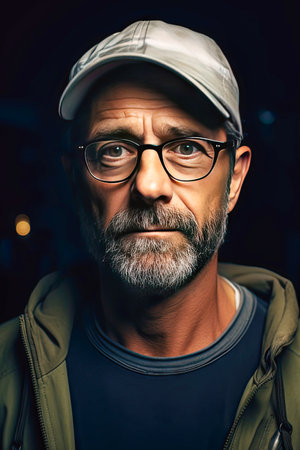 Close-Up Portrait Of A Bearded Man With Striking Blue Eyes And A Contemplative Expression.の素材