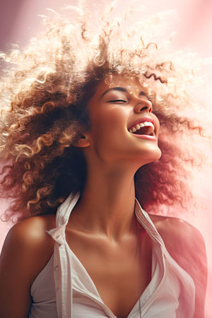 A woman laughs happily, dressed in bright clothes, standing on the street. Her sincere smile and sparkling eyes convey pure happiness and contentment.の写真素材