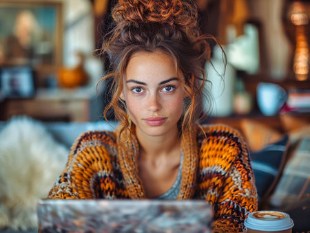 A Cozy Evening With a Laptop and a Warm Smile.の素材