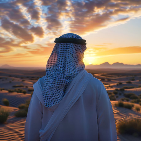 A Man in White Gazes at the Setting Sun on the Arabian Coast.の素材