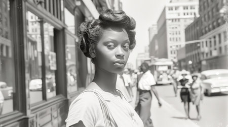 A Young Woman Walks Down a City Street in the 1950s.の素材