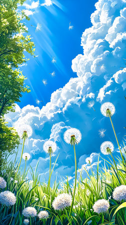 Dandelions dance with whispers of the breeze under a vibrant sky filled with fluffy cloudsの素材
