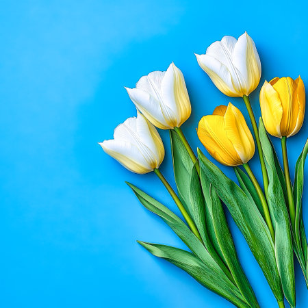 Vibrant tulips blooming against a bright blue backdrop celebrating springs arrival with elegance and colorの素材