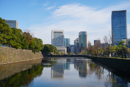 Reflection on Skyscrapers near Imperial Palace Chiyoda city Tokyo Japanの素材 [FY310161618020]