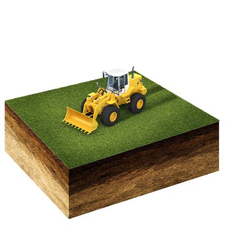 3d illustration of cross section of ground with grass and front end loader isolated on white