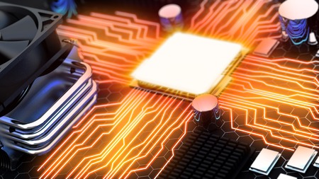 3d rendered illustration of macro view central processor unit on mainboard with shine lines