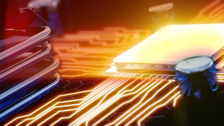 3d rendered illustration of macro view central processor unit on mainboard with shine lines