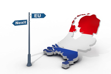 3d illustration of sign and map of Netherlands illustrate potential separation of Netherlands (Holland) from European Unionの写真素材