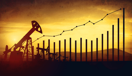 3d illustration of oil pump jacks and financial analytics charts and bars on sunset sky background. Concept of growing oil pricesの写真素材