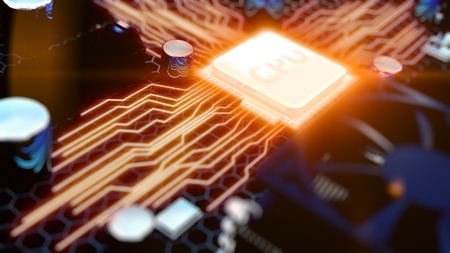 3d rendered illustration of macro view central processor unit on mainboard with shine linesの写真素材