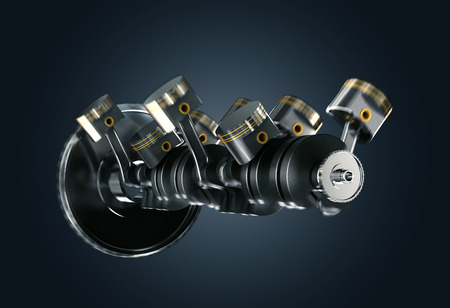 3d illustration of engine. Motor parts as crankshaft, pistons in motionの写真素材