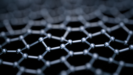 3D illustration of graphene molecules. The crystal lattice grid