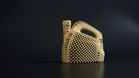 Gold particles gallon, motor oil jerry can on a dark background. Concept of motor oil