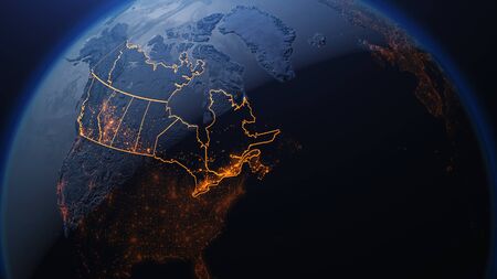 3D illustration of Canada and North America from space at night with city lights showing human...