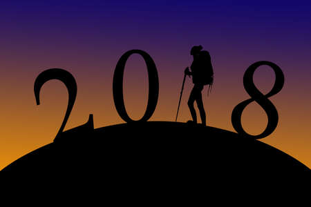 silhouette of a woman with a backpack on a 2018 year at sunset gradient. New year concept for hiking peopleの写真素材