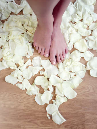 natural feet legs in spa with rose flowers and petals on the woodの写真素材