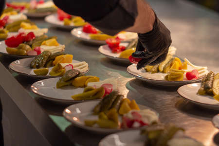 fresh and marinated vegetables salad serving on the plates