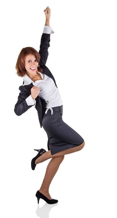 Business woman expresses joy, isolated on whiteの写真素材