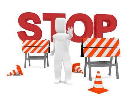 Worker leaning on a construction barrier. 3d image. Isolated on white backgroundの写真素材