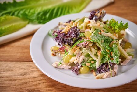 Waldorf Salad with apples, celery and pine nuts on a plateの写真素材