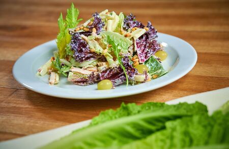 Waldorf Salad with apples, celery and pine nuts on a plateの写真素材